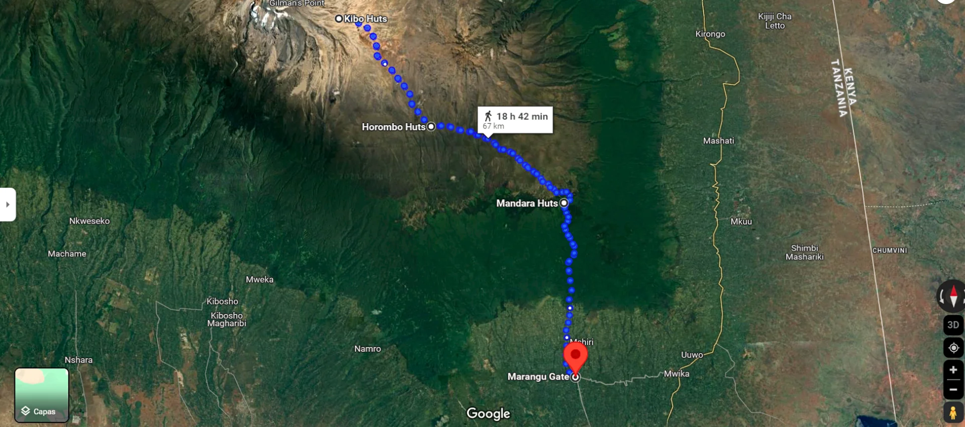 map of route Marangu Gate trips trekkings